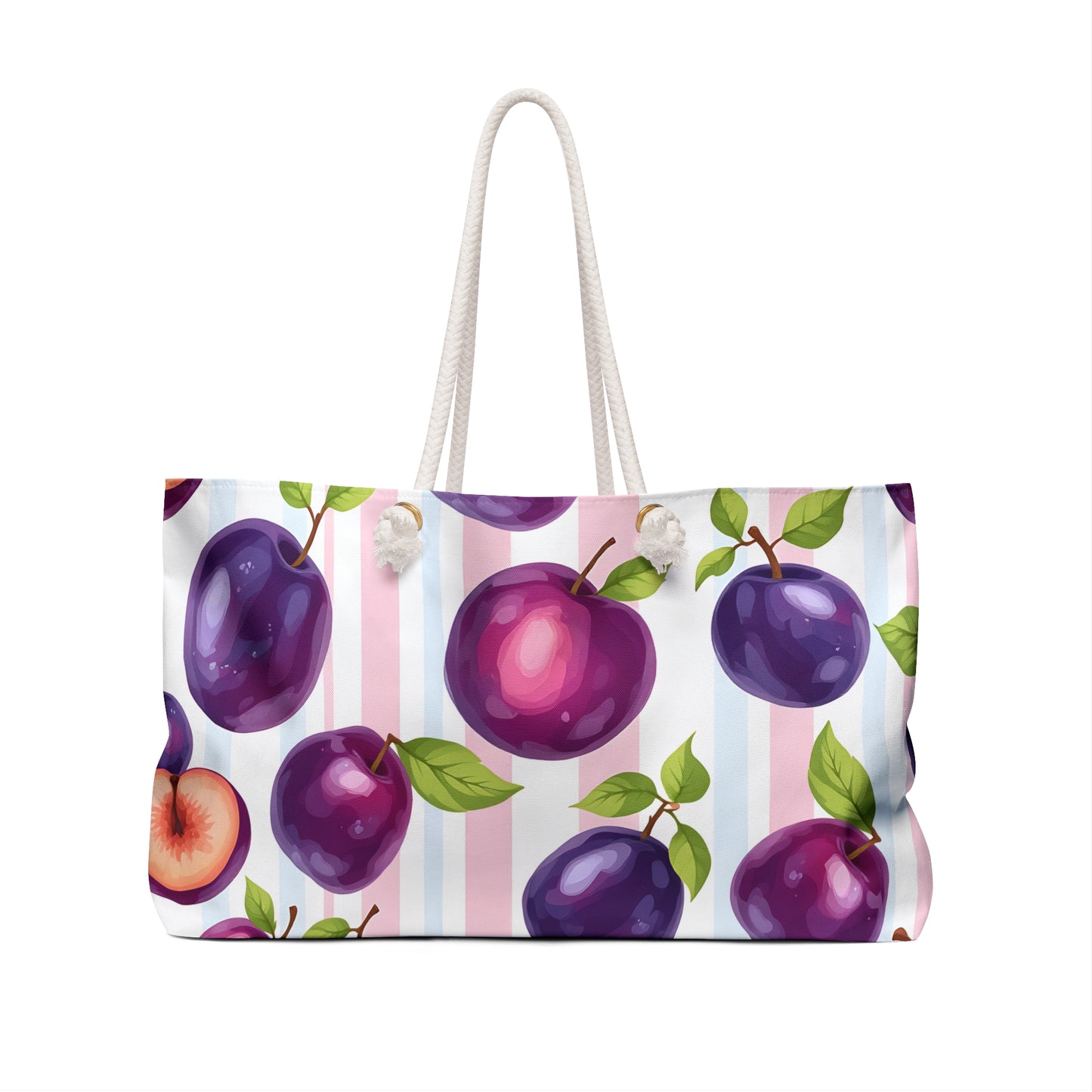 Plum Tote Bag – Purple Fruit Weekender with Pastel Stripes | Cute Summer Beach Bag with Rope Handles | Kawaii Aesthetic Gift Idea