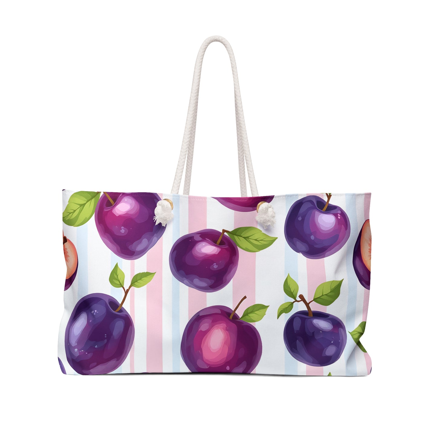 Plum Tote Bag – Purple Fruit Weekender with Pastel Stripes | Cute Summer Beach Bag with Rope Handles | Kawaii Aesthetic Gift Idea
