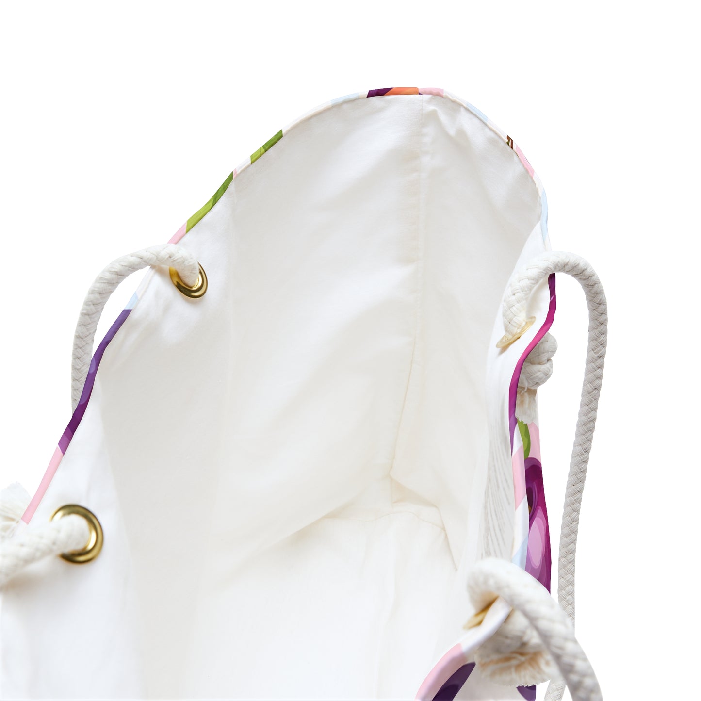 Plum Tote Bag – Purple Fruit Weekender with Pastel Stripes | Cute Summer Beach Bag with Rope Handles | Kawaii Aesthetic Gift Idea