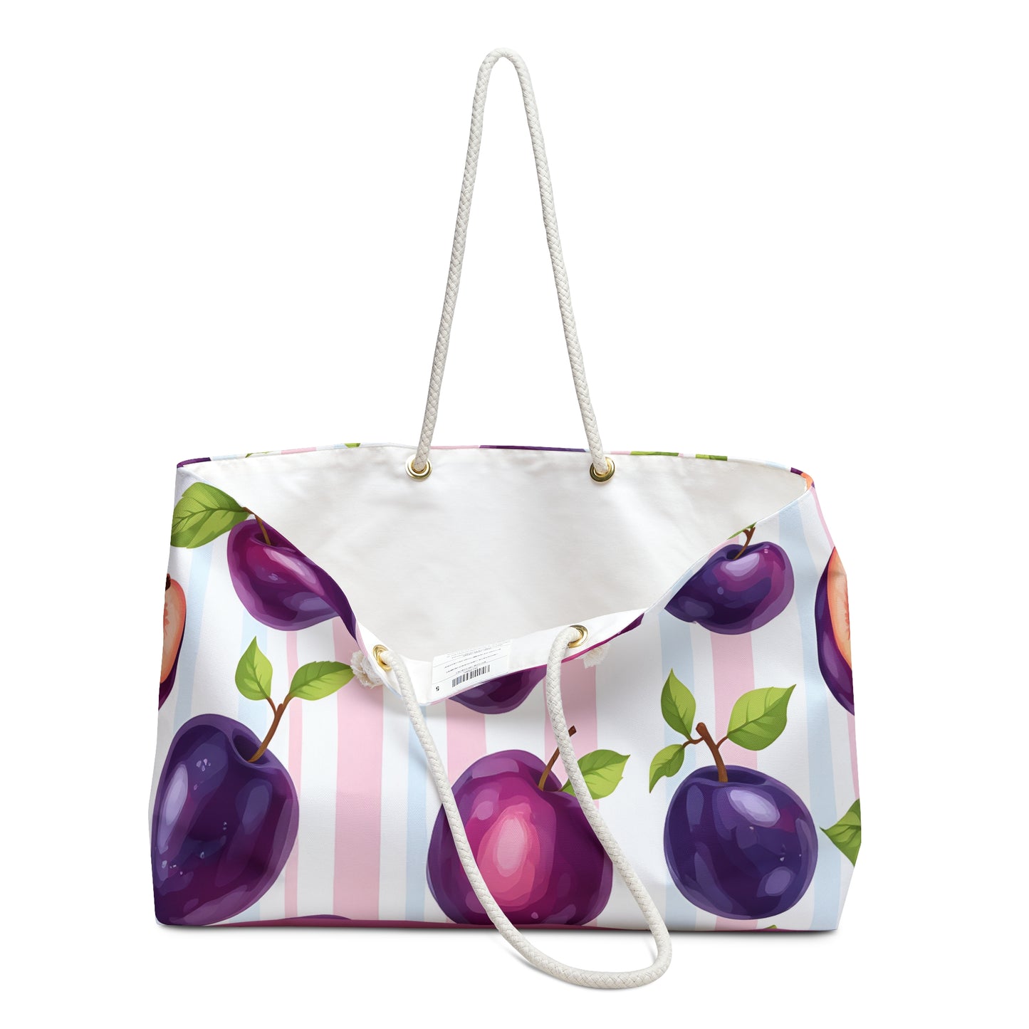 Plum Tote Bag – Purple Fruit Weekender with Pastel Stripes | Cute Summer Beach Bag with Rope Handles | Kawaii Aesthetic Gift Idea