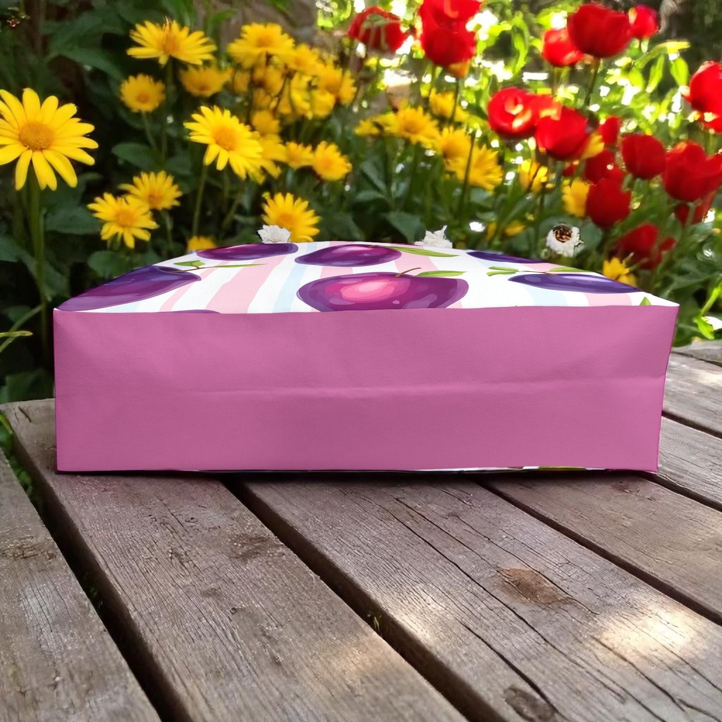 Plum Tote Bag – Purple Fruit Weekender with Pastel Stripes | Cute Summer Beach Bag with Rope Handles | Kawaii Aesthetic Gift Idea