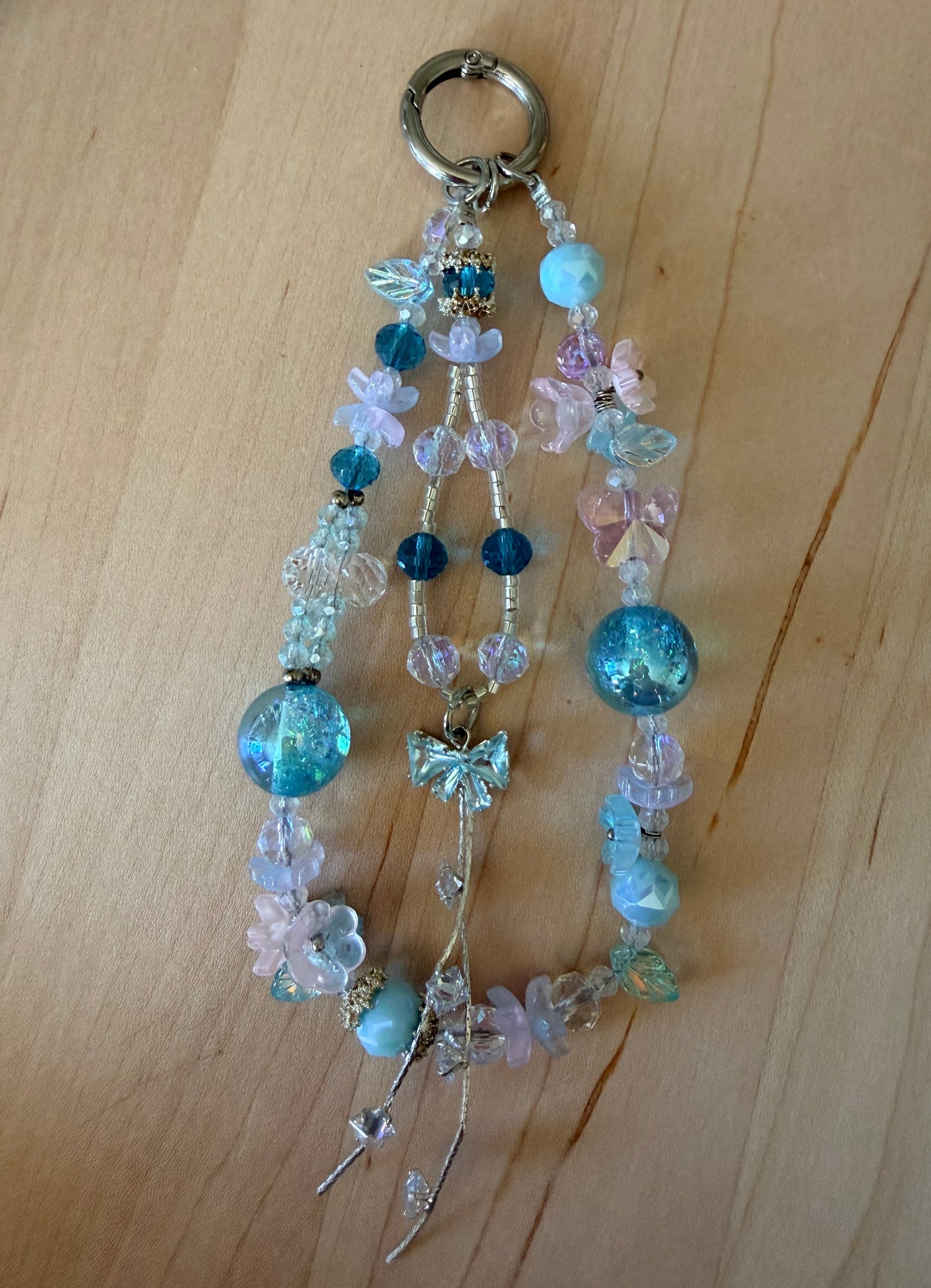 Pastel Ocean Beaded Phone Charm – Dreamy Blue Pink Bag Charm