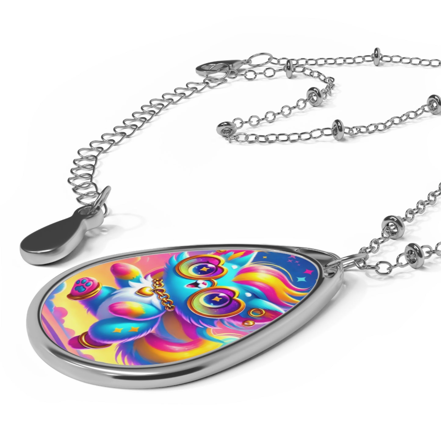 Luna the Rainbow Cat Teardrop Necklace – Imaginaria Whimsical Cosmic Pendant | Rainbow Character Jewelry