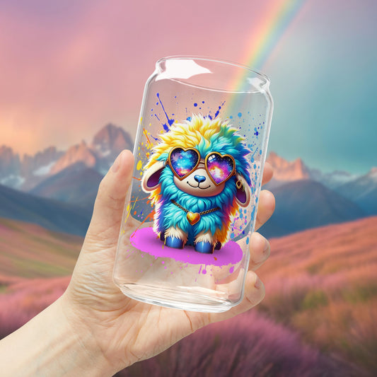 Sunny the Snuggly Sheep Glass Can – 16oz Sipper with Bamboo Lid & Straw | Imaginaria Cozy Cosmic Drinkware