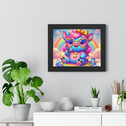 Pippa the Playful Pig Framed Poster – Imaginaria Rainbow Artist Wall Art | Whimsical Framed Horizontal Poster for Kids' Rooms