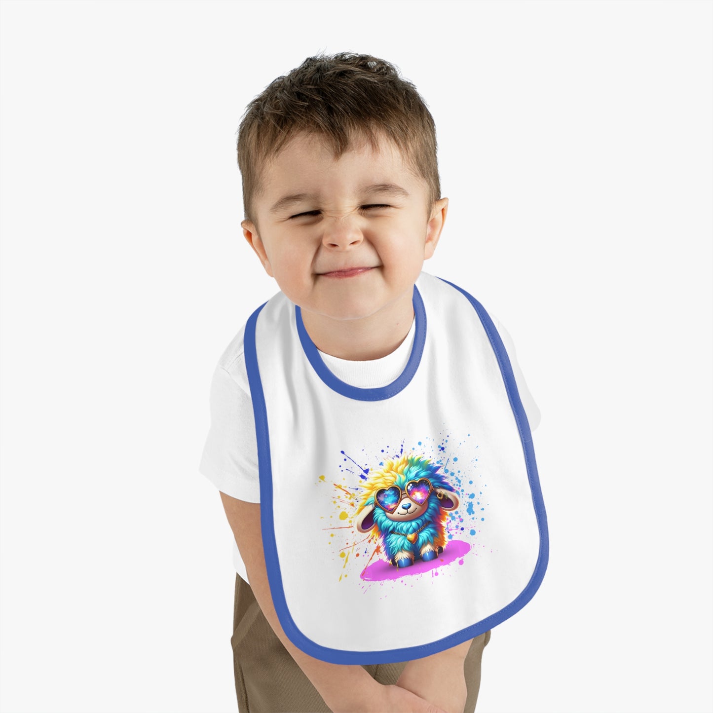 Sunny the Snuggly Sheep Baby Bib – Imaginaria Cozy Rainbow Infant Bib | Galaxy Heart Glasses Baby Shower Gift