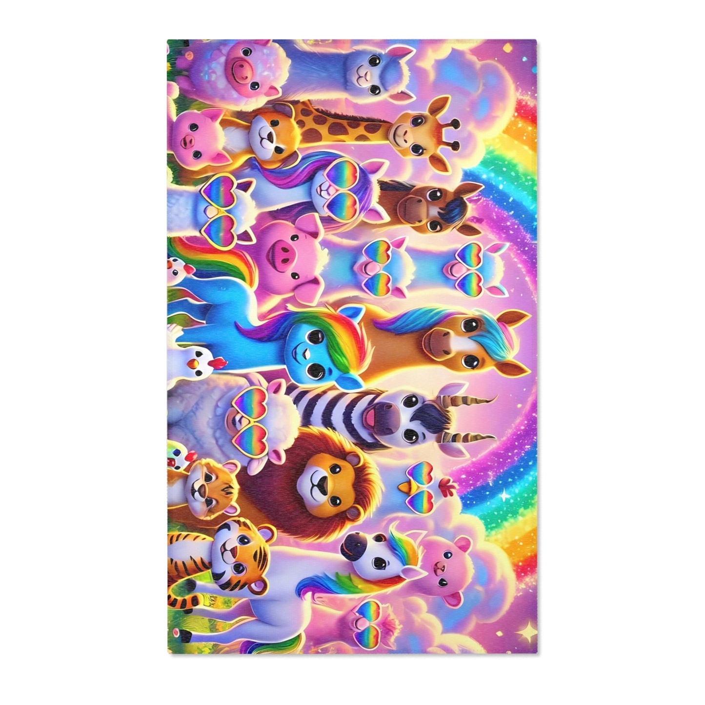 The Colorful Kingdom of Imaginaria Area Rug – Rainbow Animal Character Carpet | Whimsical Kids Room Decor