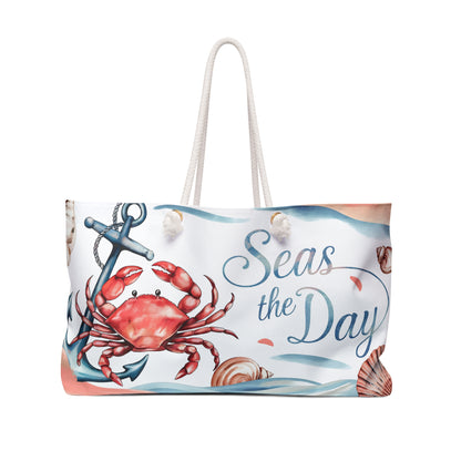 Seas the Day Nautical Weekender Bag | Coastal Crab & Anchor Tote | Beach Getaway Travel Bag