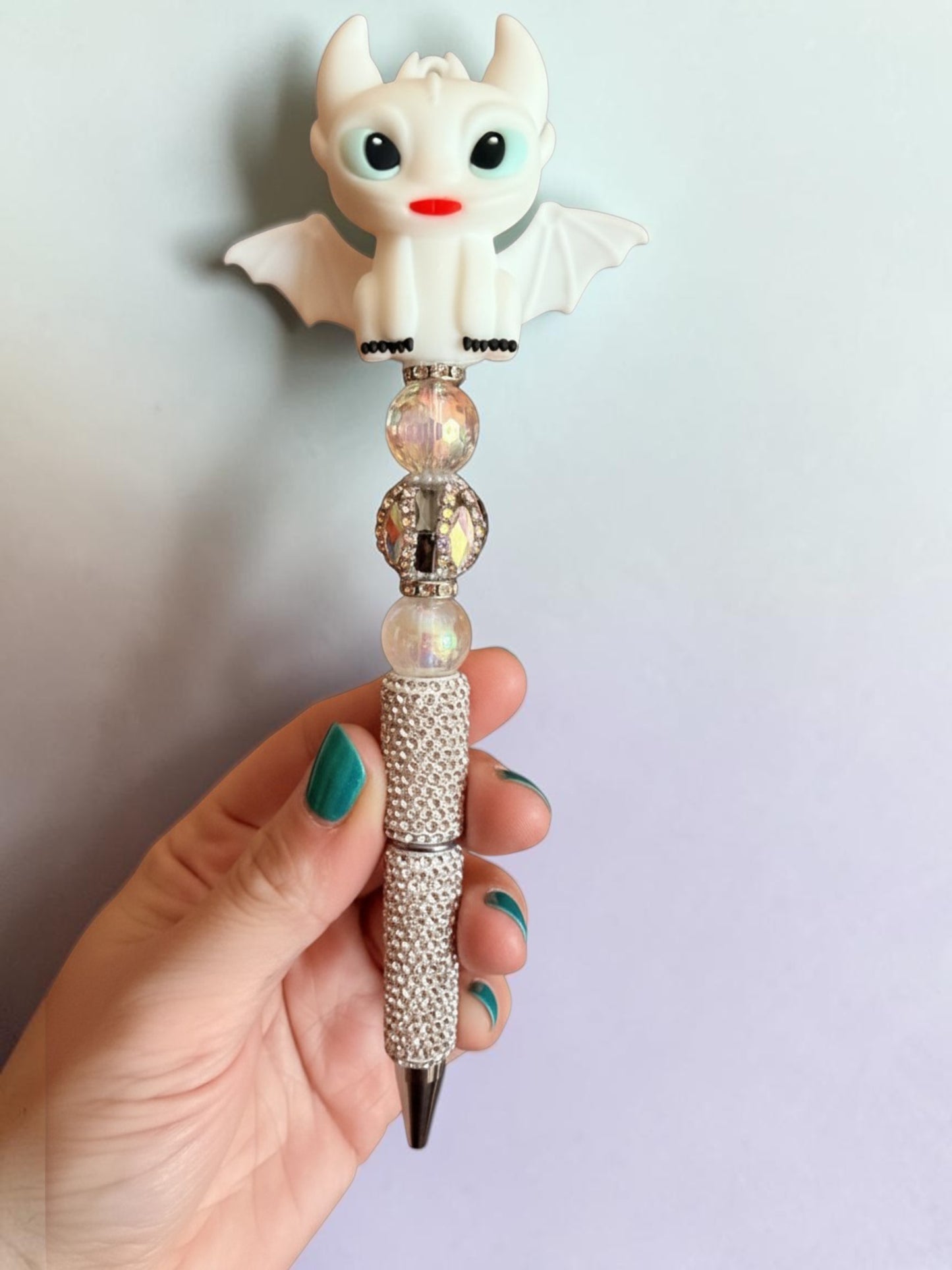 White Dragon Inspired Beaded Pen – Rhinestone Fantasy Glam Pen