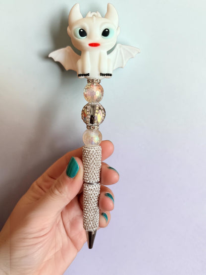 White Dragon Inspired Beaded Pen – Rhinestone Fantasy Glam Pen
