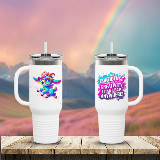 Glitter the Groovy Goat 40oz Adventure Tumbler – Imaginaria Travel Mug with Handle