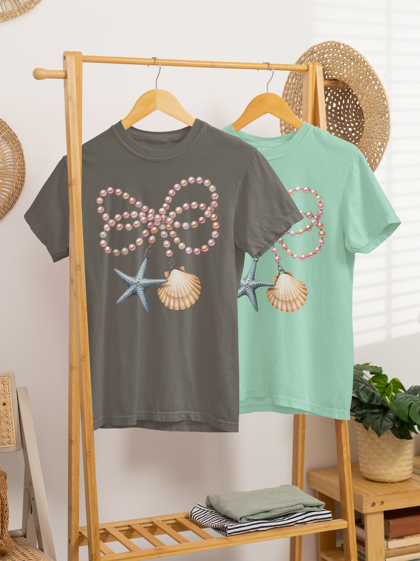 Coastal Pearl Bow Necklace Shirt | Nautical Starfish & Seashell Graphic Tee | Ocean Beach Aesthetic Shirt | Mermaid Coastal Summer T-Shirt