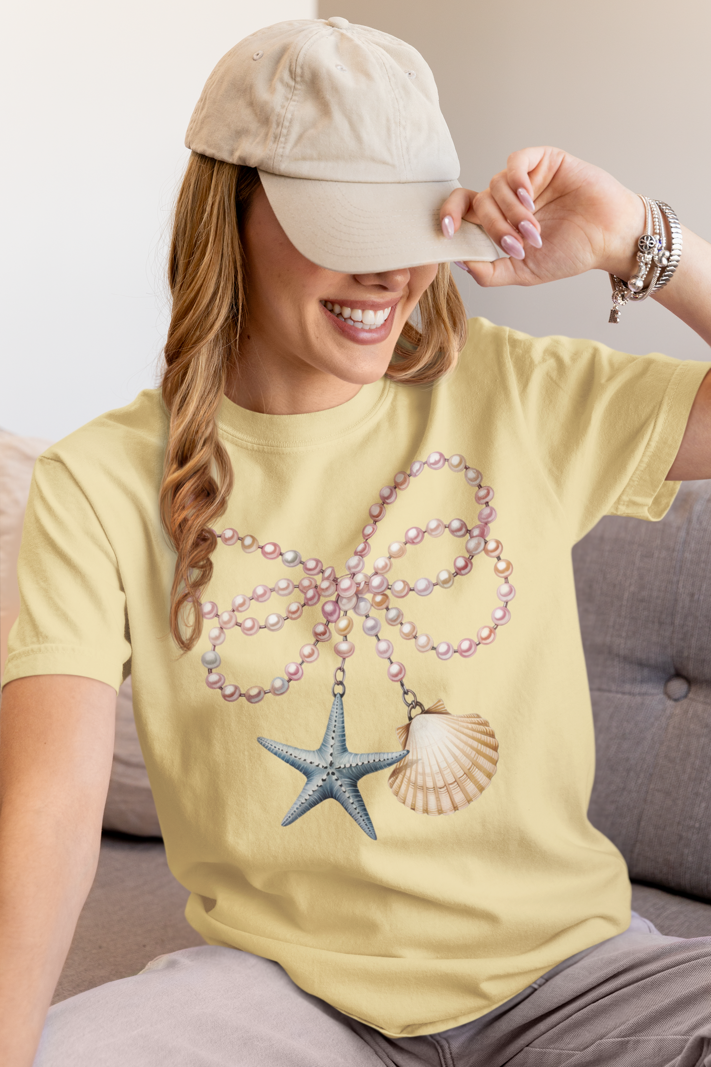Coastal Pearl Bow Necklace Shirt | Nautical Starfish & Seashell Graphic Tee | Ocean Beach Aesthetic Shirt | Mermaid Coastal Summer T-Shirt