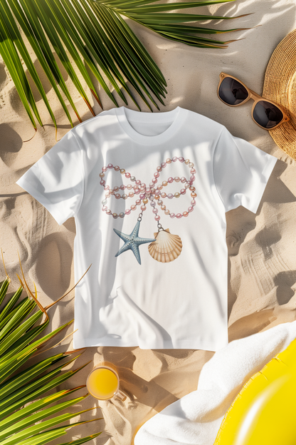 Coastal Pearl Bow Necklace Shirt | Nautical Starfish & Seashell Graphic Tee | Ocean Beach Aesthetic Shirt | Mermaid Coastal Summer T-Shirt
