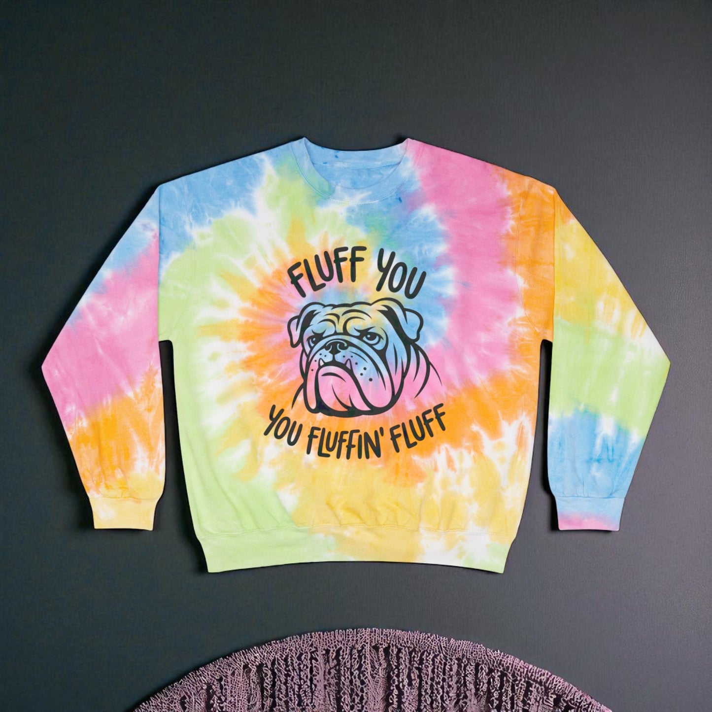 Fluffy Bulldog Tie-Dye Sweatshirt, Cozy Unisex Tie-Dye Pullover, Casual Dog Lover Gift, Funny Pet-Themed Apparel, Comfortable Tie-Dye Hoodie