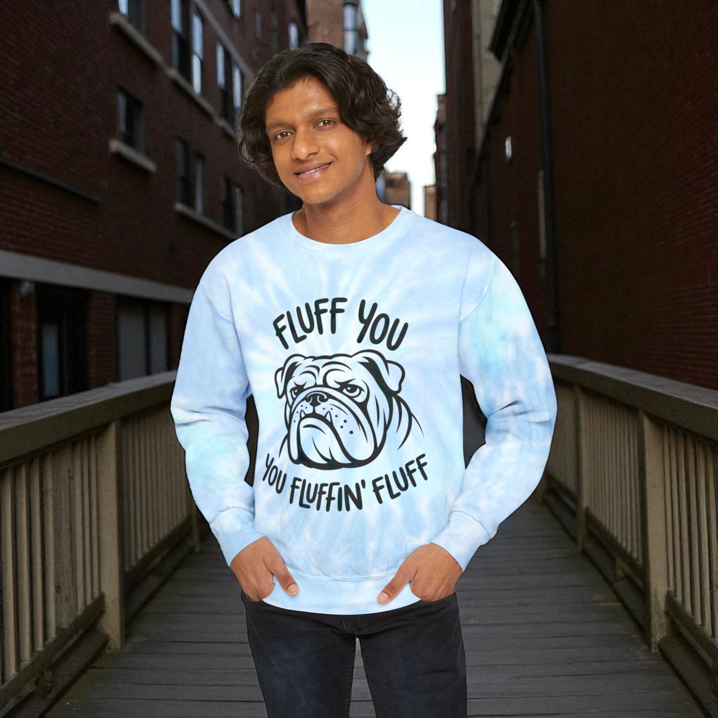 Fluffy Bulldog Tie-Dye Sweatshirt, Cozy Unisex Tie-Dye Pullover, Casual Dog Lover Gift, Funny Pet-Themed Apparel, Comfortable Tie-Dye Hoodie