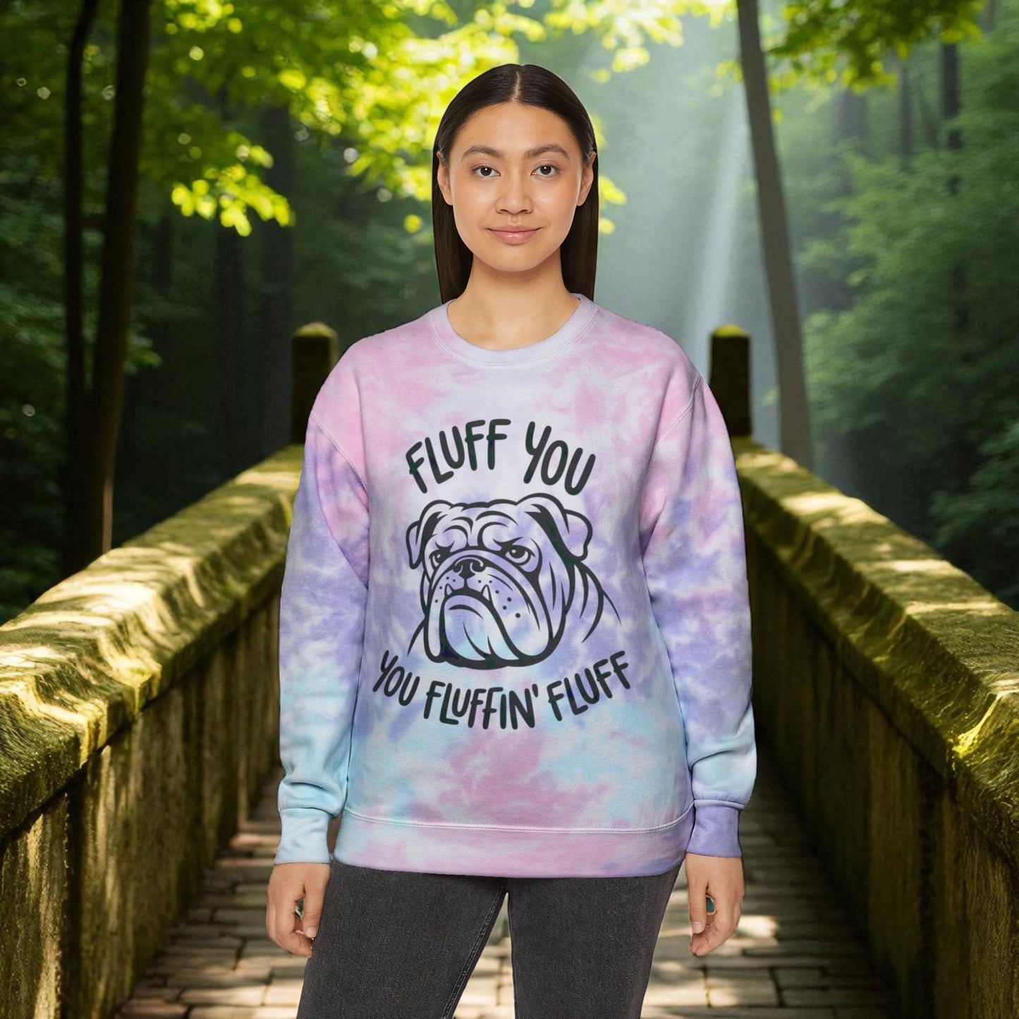 Fluffy Bulldog Tie-Dye Sweatshirt, Cozy Unisex Tie-Dye Pullover, Casual Dog Lover Gift, Funny Pet-Themed Apparel, Comfortable Tie-Dye Hoodie