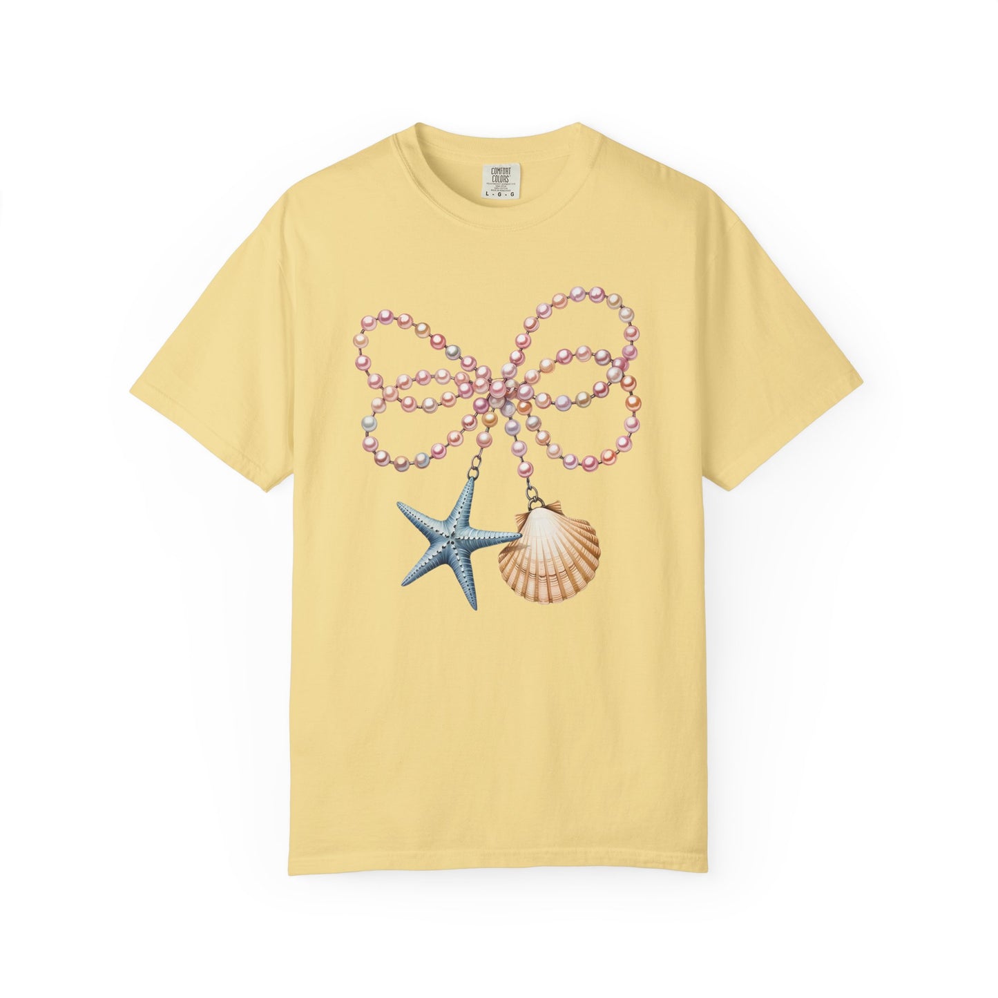 Coastal Pearl Bow Necklace Shirt | Nautical Starfish & Seashell Graphic Tee | Ocean Beach Aesthetic Shirt | Mermaid Coastal Summer T-Shirt