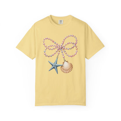 Coastal Pearl Bow Necklace Shirt | Nautical Starfish & Seashell Graphic Tee | Ocean Beach Aesthetic Shirt | Mermaid Coastal Summer T-Shirt