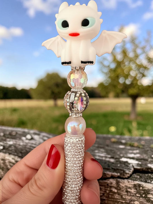White Dragon Inspired Beaded Pen – Rhinestone Fantasy Glam Pen