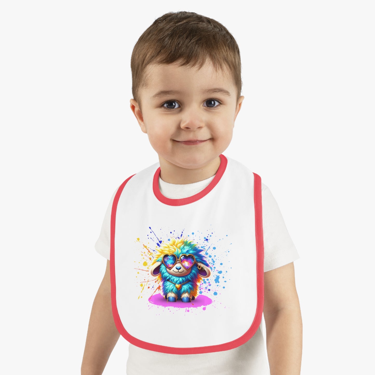 Sunny the Snuggly Sheep Baby Bib – Imaginaria Cozy Rainbow Infant Bib | Galaxy Heart Glasses Baby Shower Gift