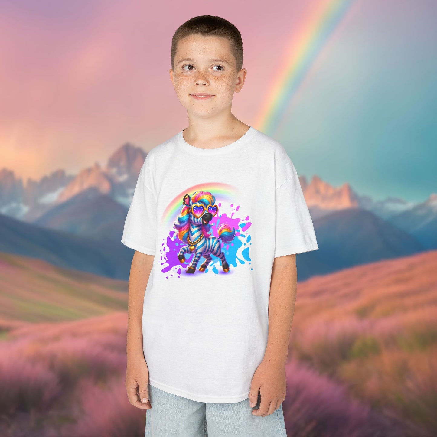 Zara the Zesty Zebra Youth T-Shirt – Imaginaria Bold Stripes Character Tee | Rainbow Kids Apparel