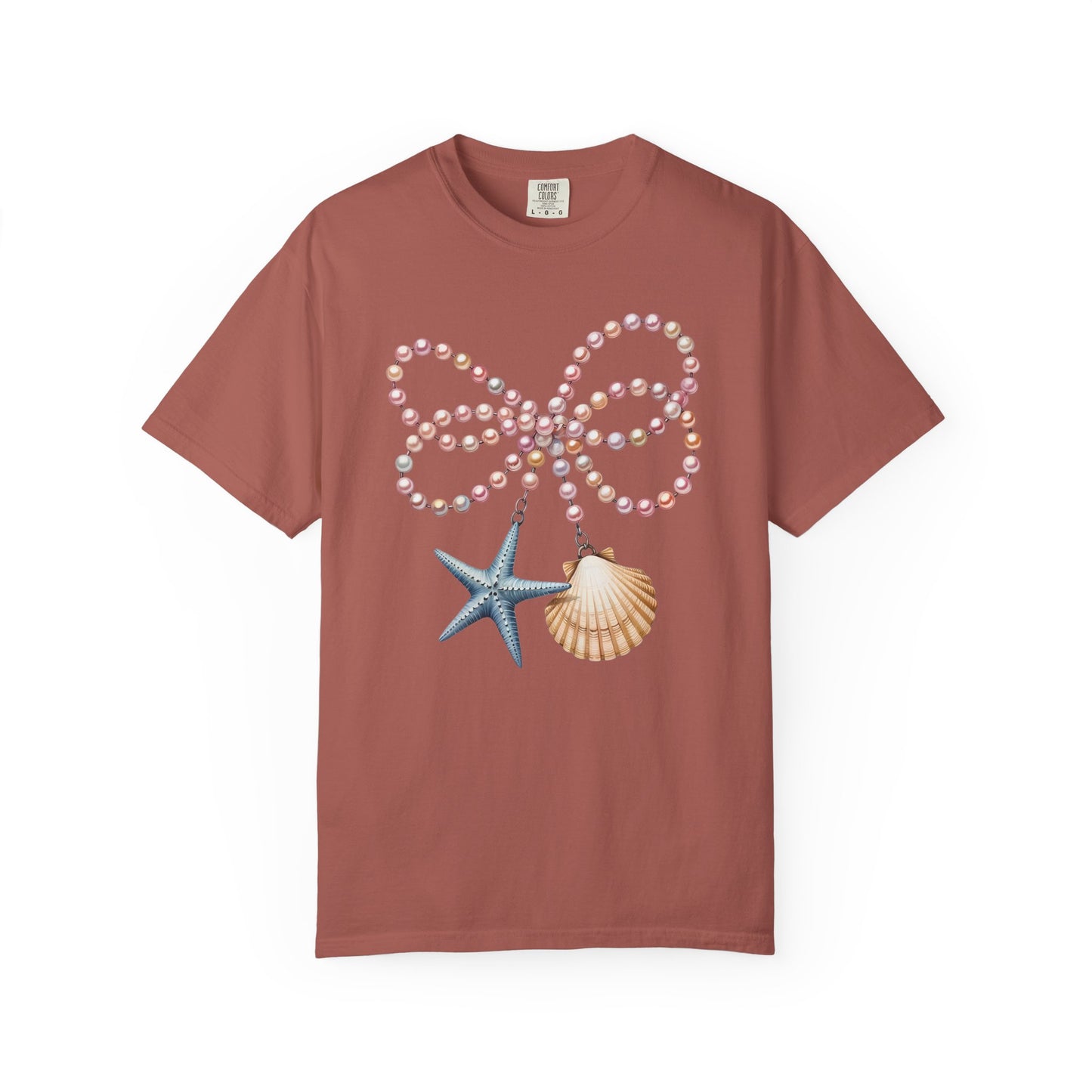 Coastal Pearl Bow Necklace Shirt | Nautical Starfish & Seashell Graphic Tee | Ocean Beach Aesthetic Shirt | Mermaid Coastal Summer T-Shirt
