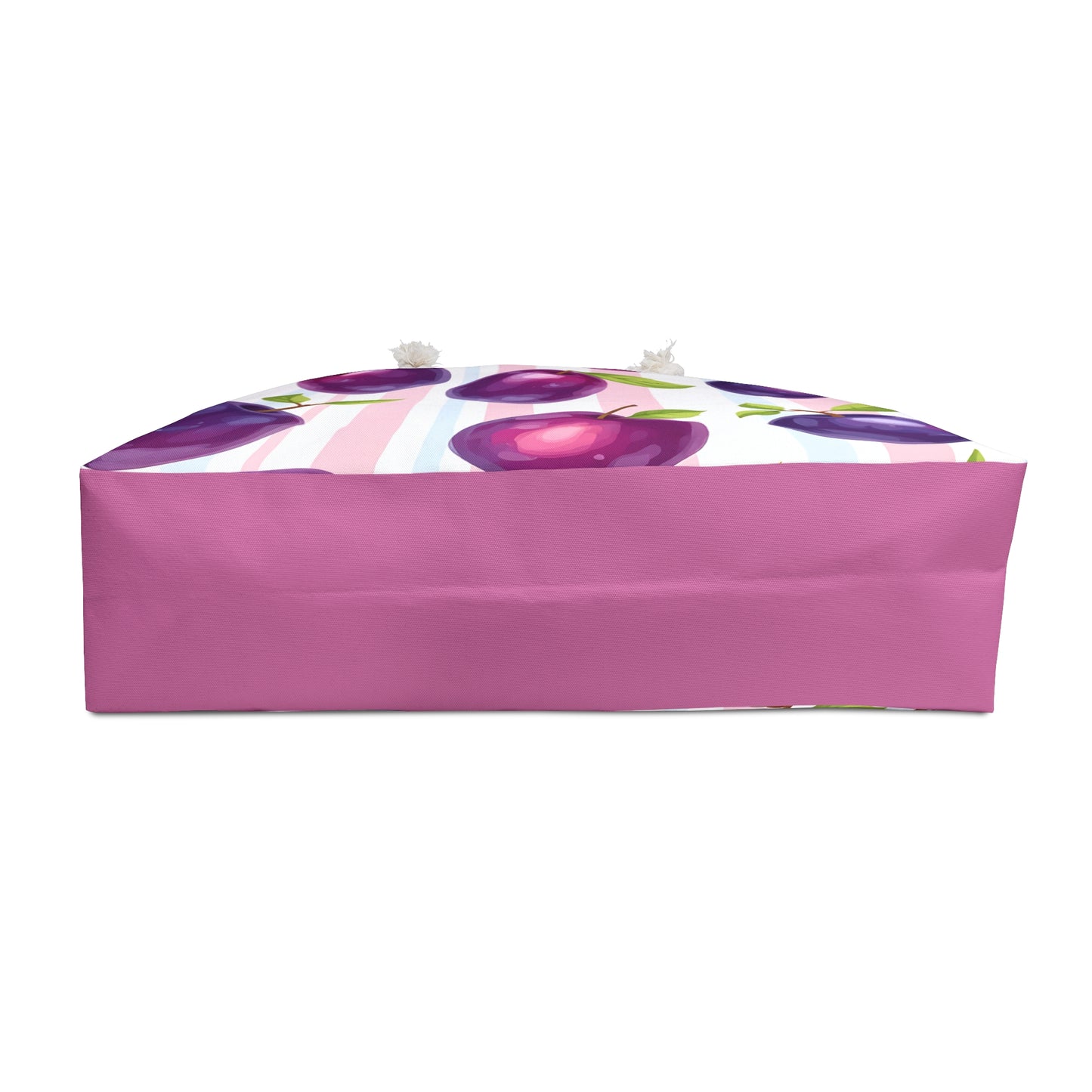 Plum Tote Bag – Purple Fruit Weekender with Pastel Stripes | Cute Summer Beach Bag with Rope Handles | Kawaii Aesthetic Gift Idea
