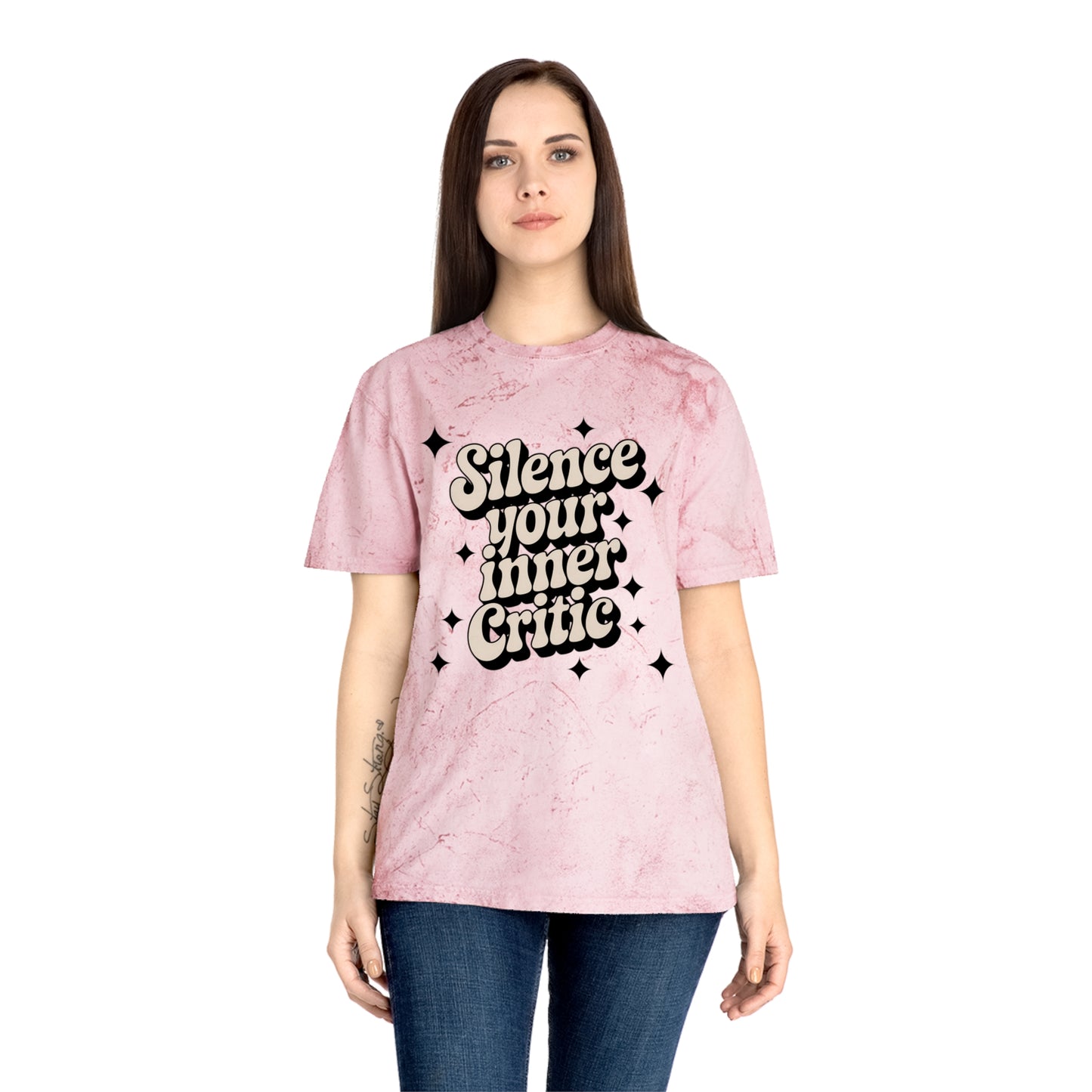 Silence Your Inner Critic Shirt – Retro 70s Wavy Text Tee, Mental Health Awareness, Positive Self-Talk T-Shirt, Pink Marble Comfort Tee