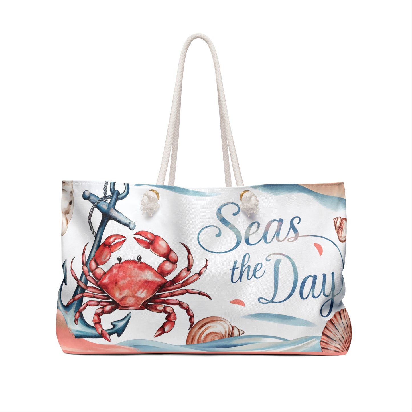 Seas the Day Nautical Weekender Bag | Coastal Crab & Anchor Tote | Beach Getaway Travel Bag