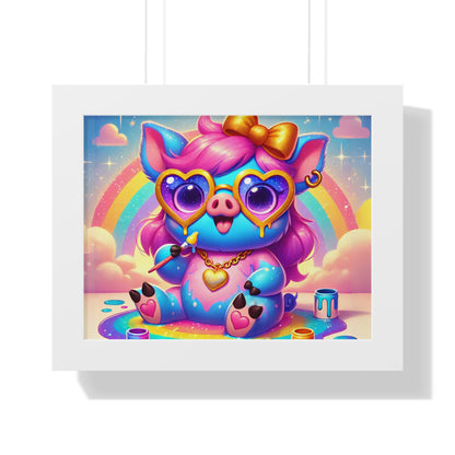 Pippa the Playful Pig Framed Poster – Imaginaria Rainbow Artist Wall Art | Whimsical Framed Horizontal Poster for Kids' Rooms