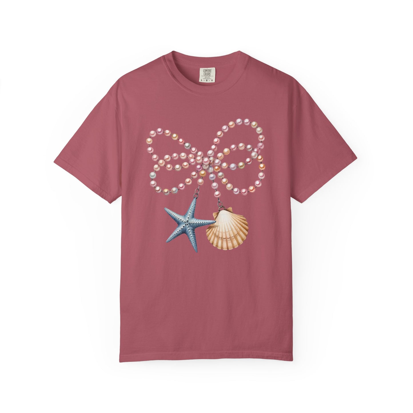 Coastal Pearl Bow Necklace Shirt | Nautical Starfish & Seashell Graphic Tee | Ocean Beach Aesthetic Shirt | Mermaid Coastal Summer T-Shirt