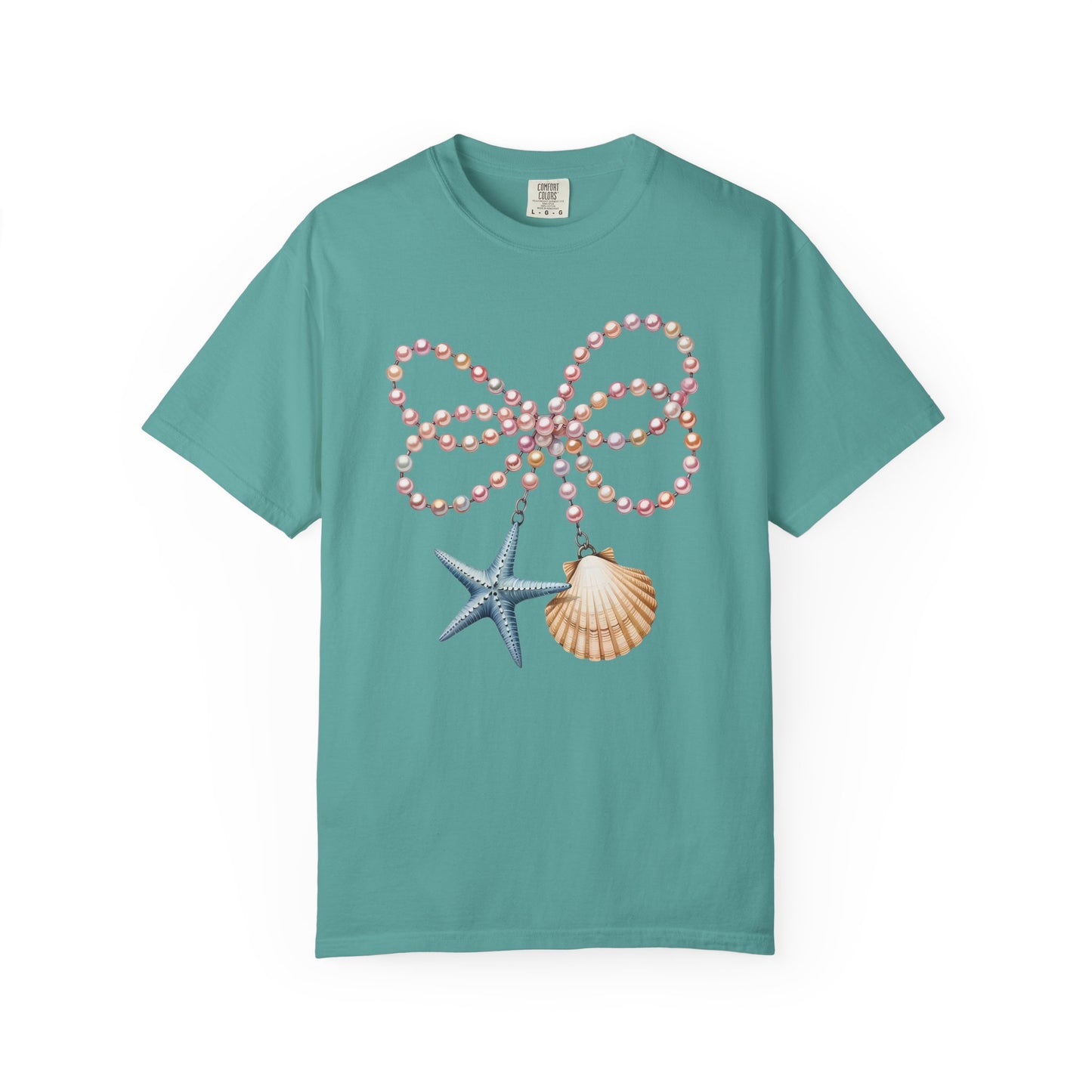 Coastal Pearl Bow Necklace Shirt | Nautical Starfish & Seashell Graphic Tee | Ocean Beach Aesthetic Shirt | Mermaid Coastal Summer T-Shirt