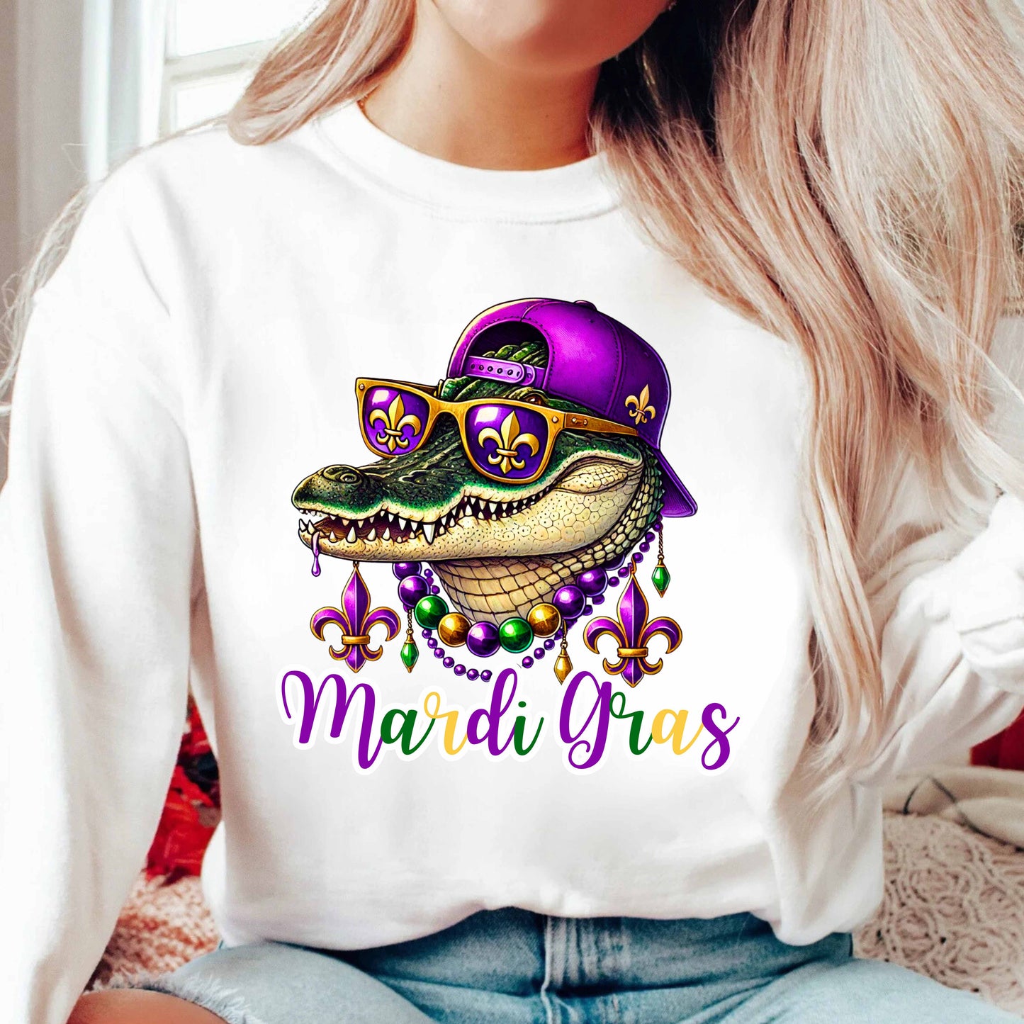 Mardi Gras Alligator Sweatshirt - Colorful New Orleans Party Vibes