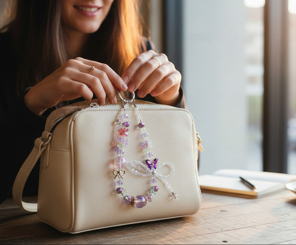 Lavender Butterfly Beaded Phone Charm – Coquette Bow Bag Charm