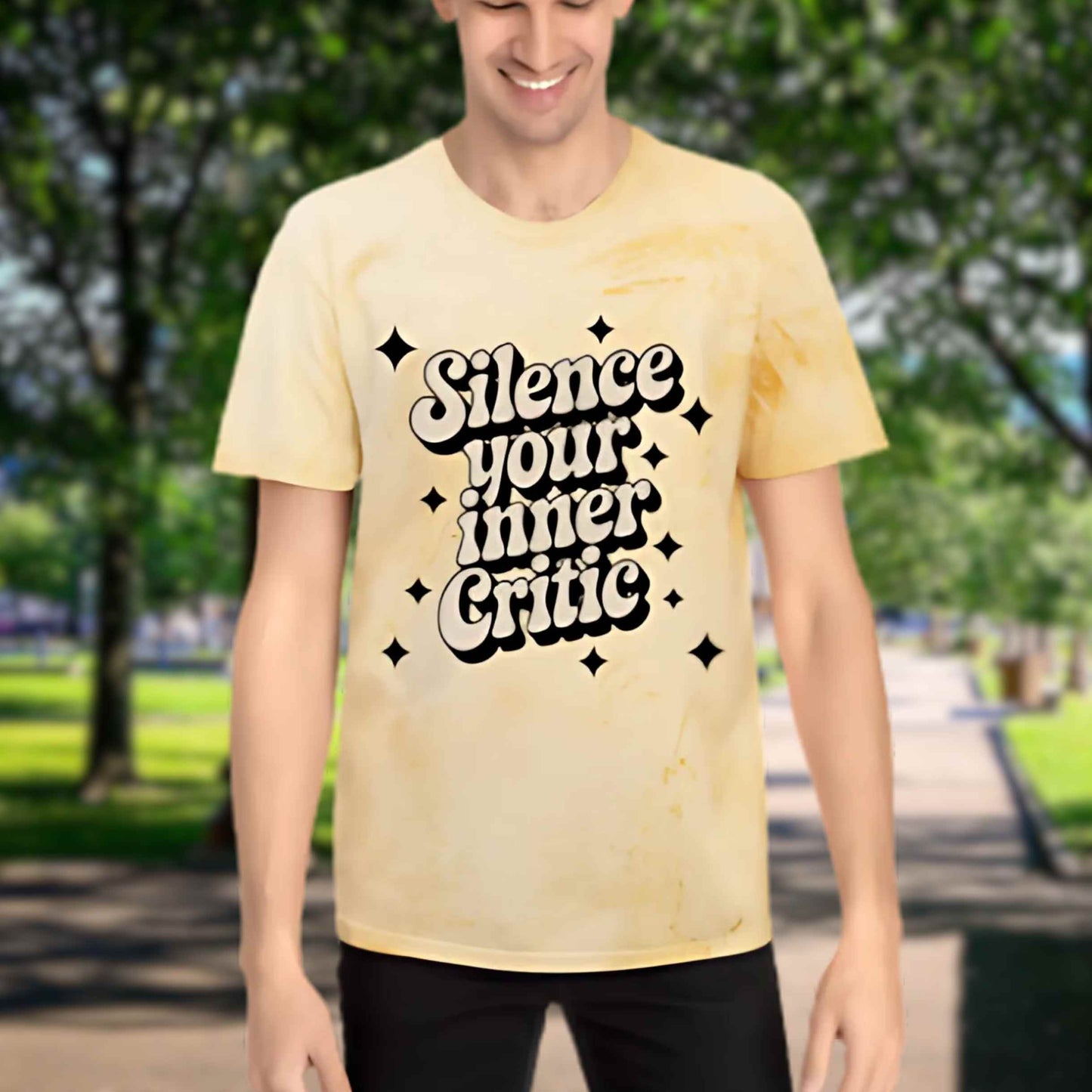 Silence Your Inner Critic Shirt – Retro 70s Wavy Text Tee, Mental Health Awareness, Positive Self-Talk T-Shirt, Pink Marble Comfort Tee