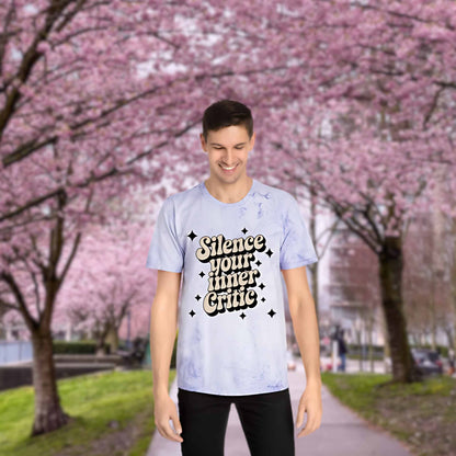 Silence Your Inner Critic Shirt – Retro 70s Wavy Text Tee, Mental Health Awareness, Positive Self-Talk T-Shirt, Pink Marble Comfort Tee