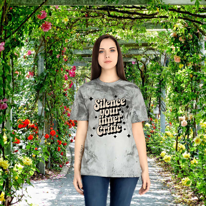 Silence Your Inner Critic Shirt – Retro 70s Wavy Text Tee, Mental Health Awareness, Positive Self-Talk T-Shirt, Pink Marble Comfort Tee