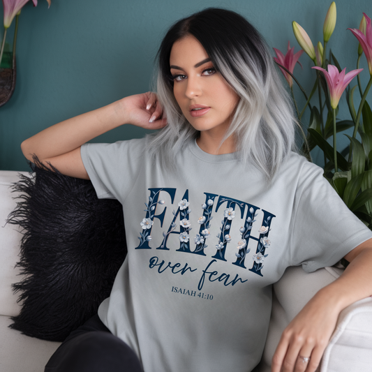 Inspirational Faith Tee | Faith Over Fear Isaiah 41:10 Foral Tee, Christian Gift, Christian Bible Verse Apparel, Spiritual Fashion