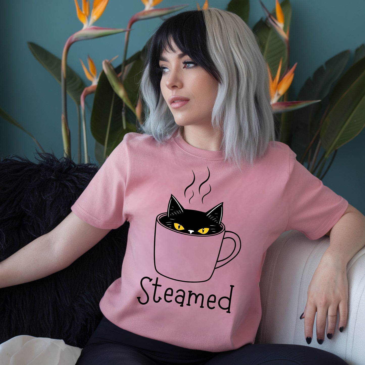 Steamed Cat Mug Tee – Sassy, Spooky, and Caffeinated