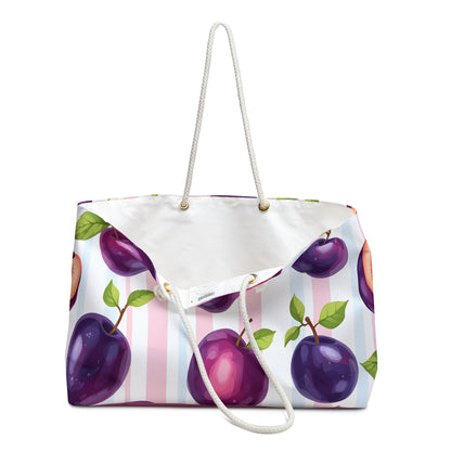 Plum Tote Bag – Purple Fruit Weekender with Pastel Stripes | Cute Summer Beach Bag with Rope Handles | Kawaii Aesthetic Gift Idea