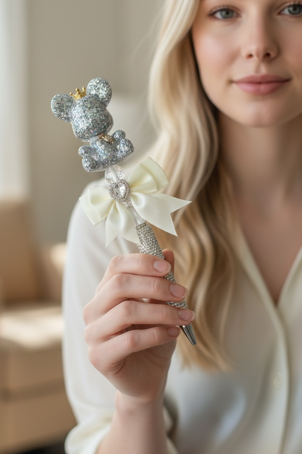 Glitter crown bear beaded pen