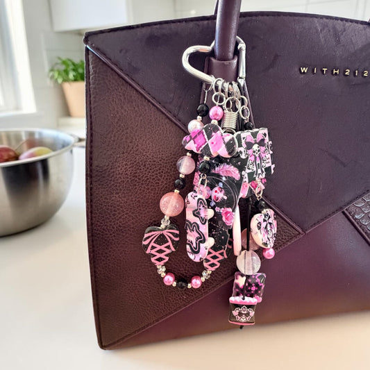 Pink Gothic Beaded Bag Charm & Phone Charm Set