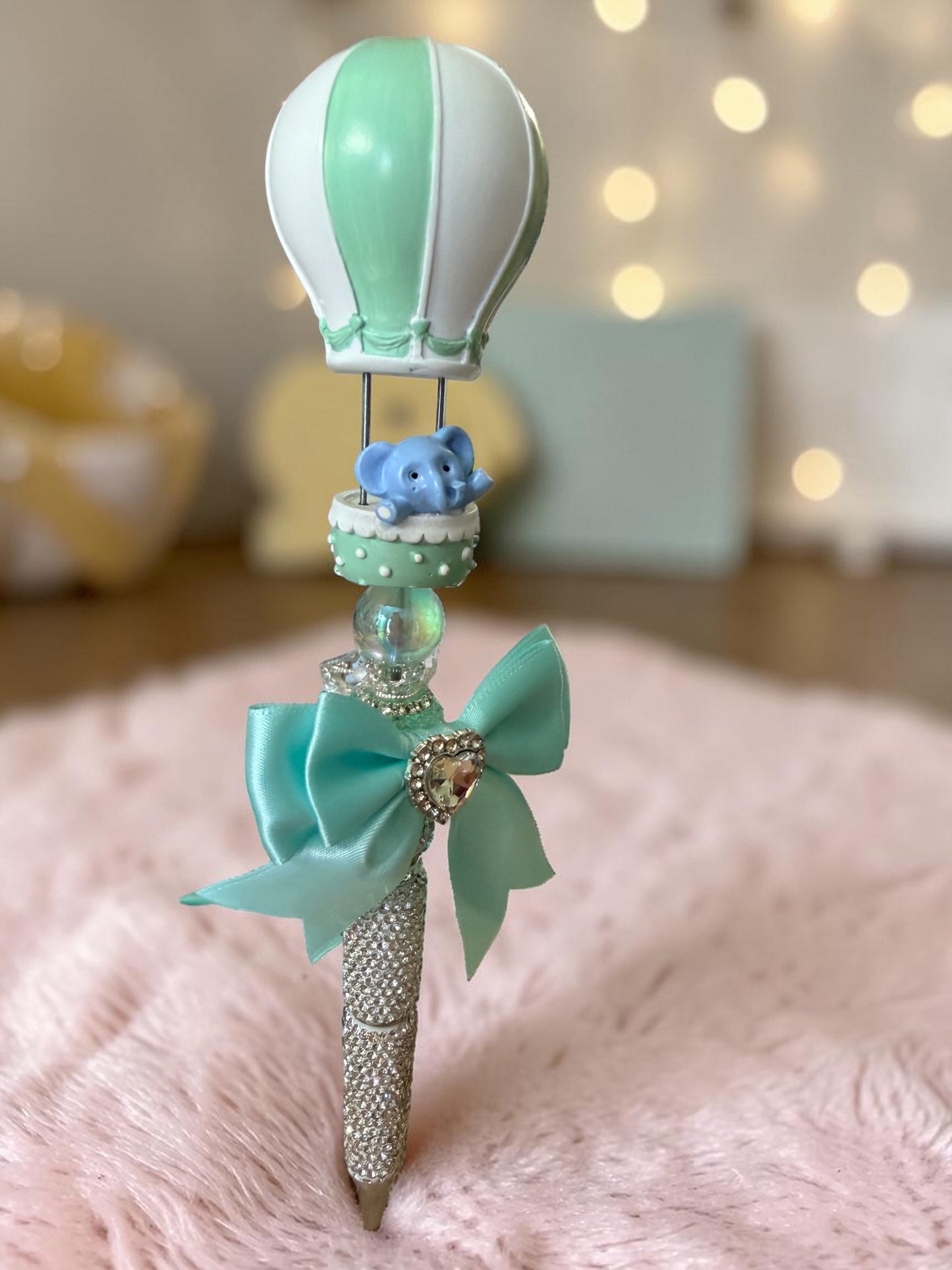 Mint Hot Air Balloon Elephant Pen – Rhinestone Beaded Glam Pen