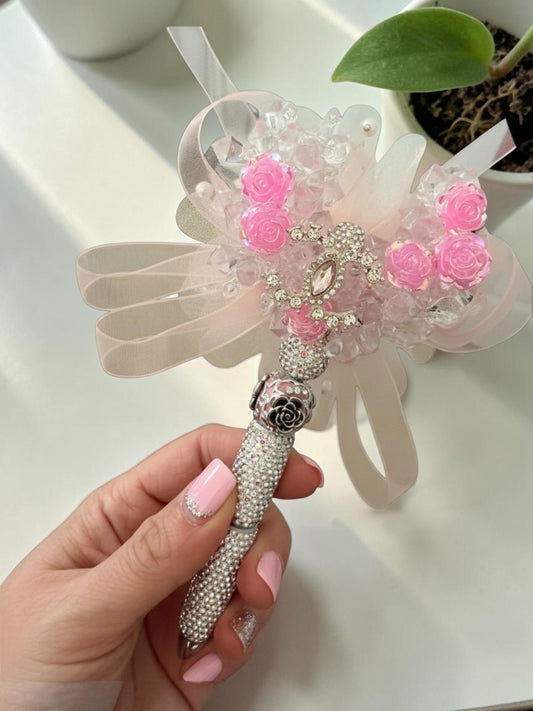 Designer Inspired Pink Crystal CC Pen – Glam Rhinestone Beaded Pen