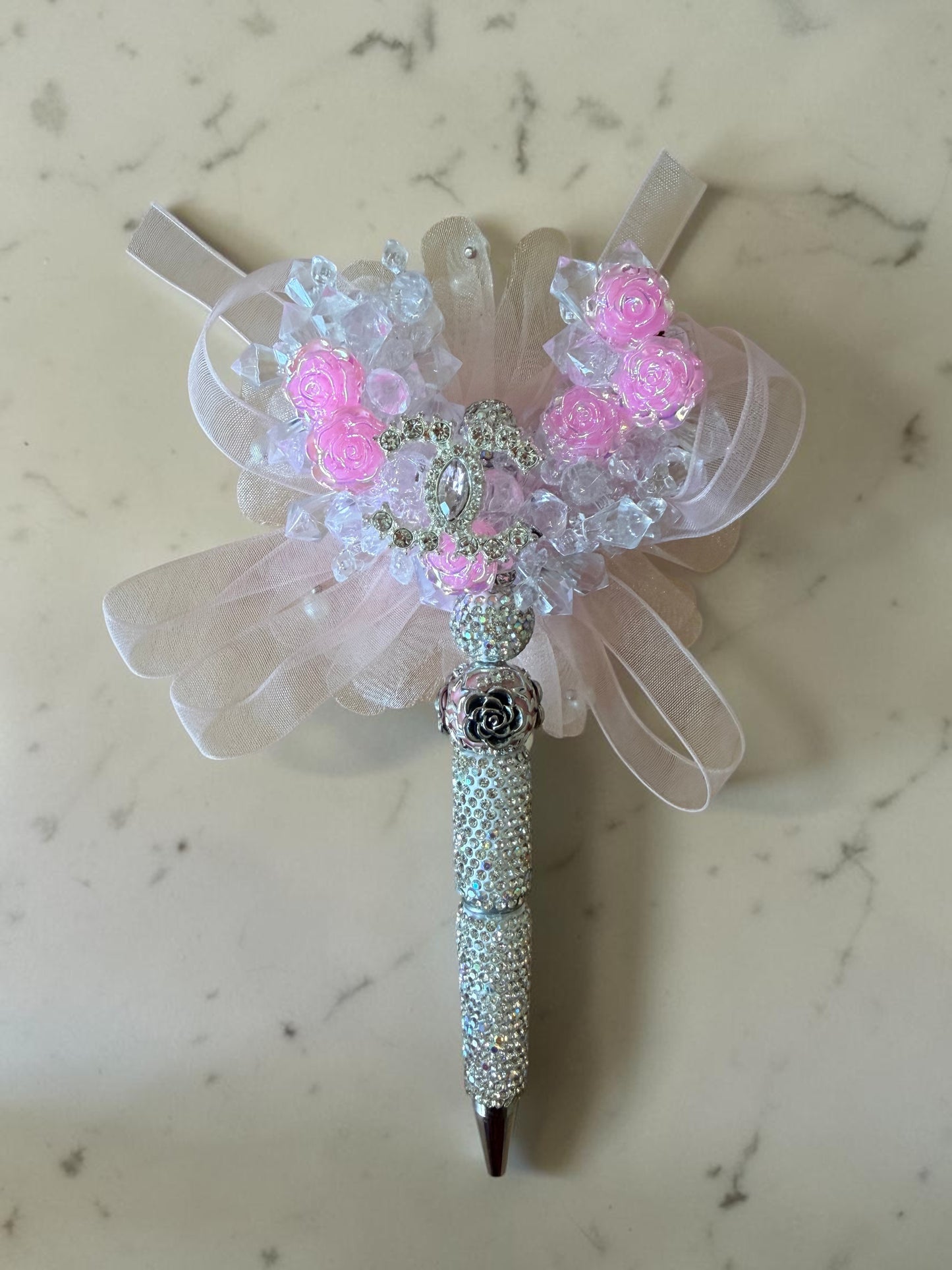 Designer Inspired Pink Crystal CC Pen – Glam Rhinestone Beaded Pen
