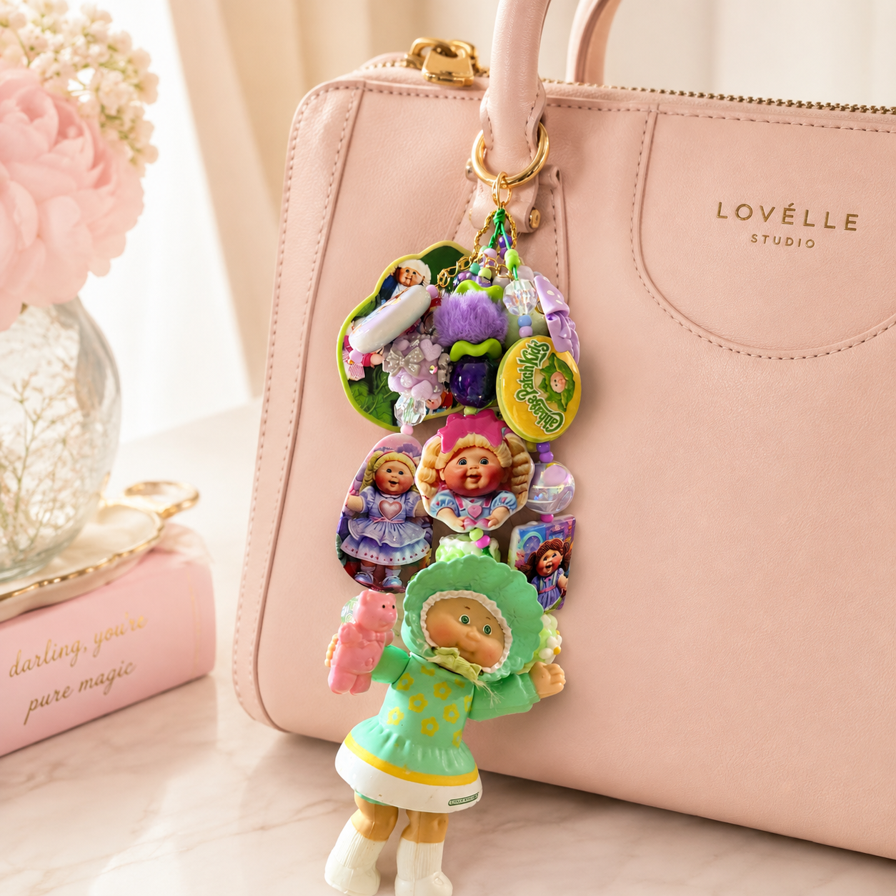 Vintage 1984 Cabbage Patch Kids Bag Charm with Authentic Doll & Handmade Beads