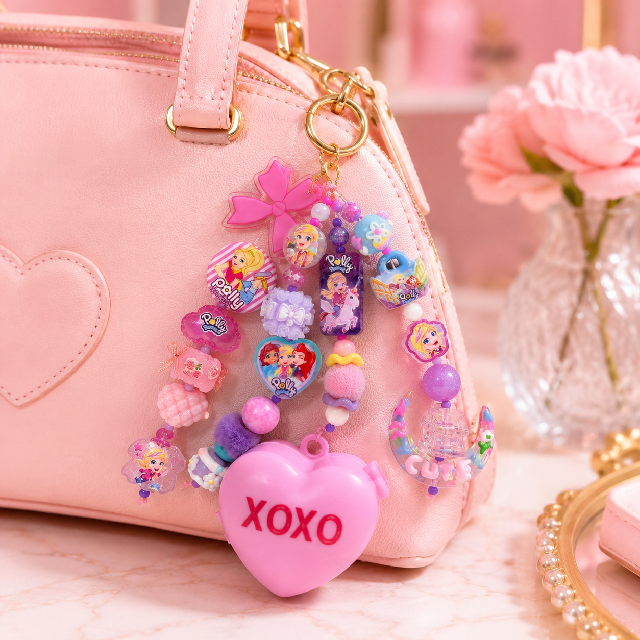Polly Pocket XOXO Purse Charm with Heart Compact & Beads