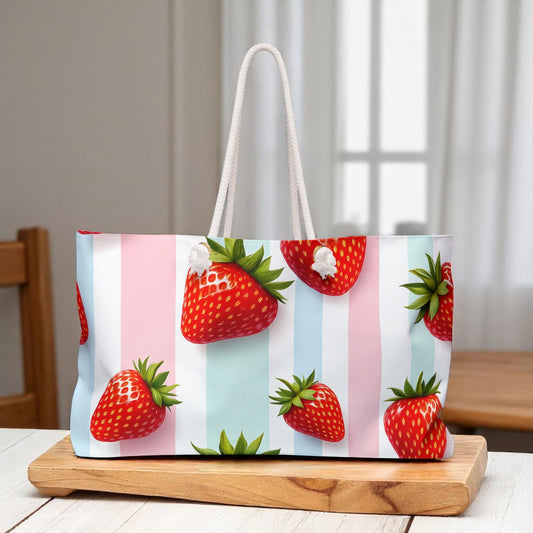 Strawberry-Patterned Tote Bag, Stylish Travel Tote for Weekend Getaways, Cute Summer Beach Bag, Cute Gym Bag, Gift for Fruit Lovers