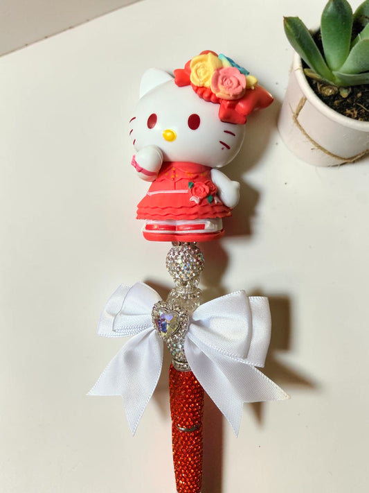Rosie Kitty Inspired Beaded Pen – Pink Rhinestone Glam Character Pen